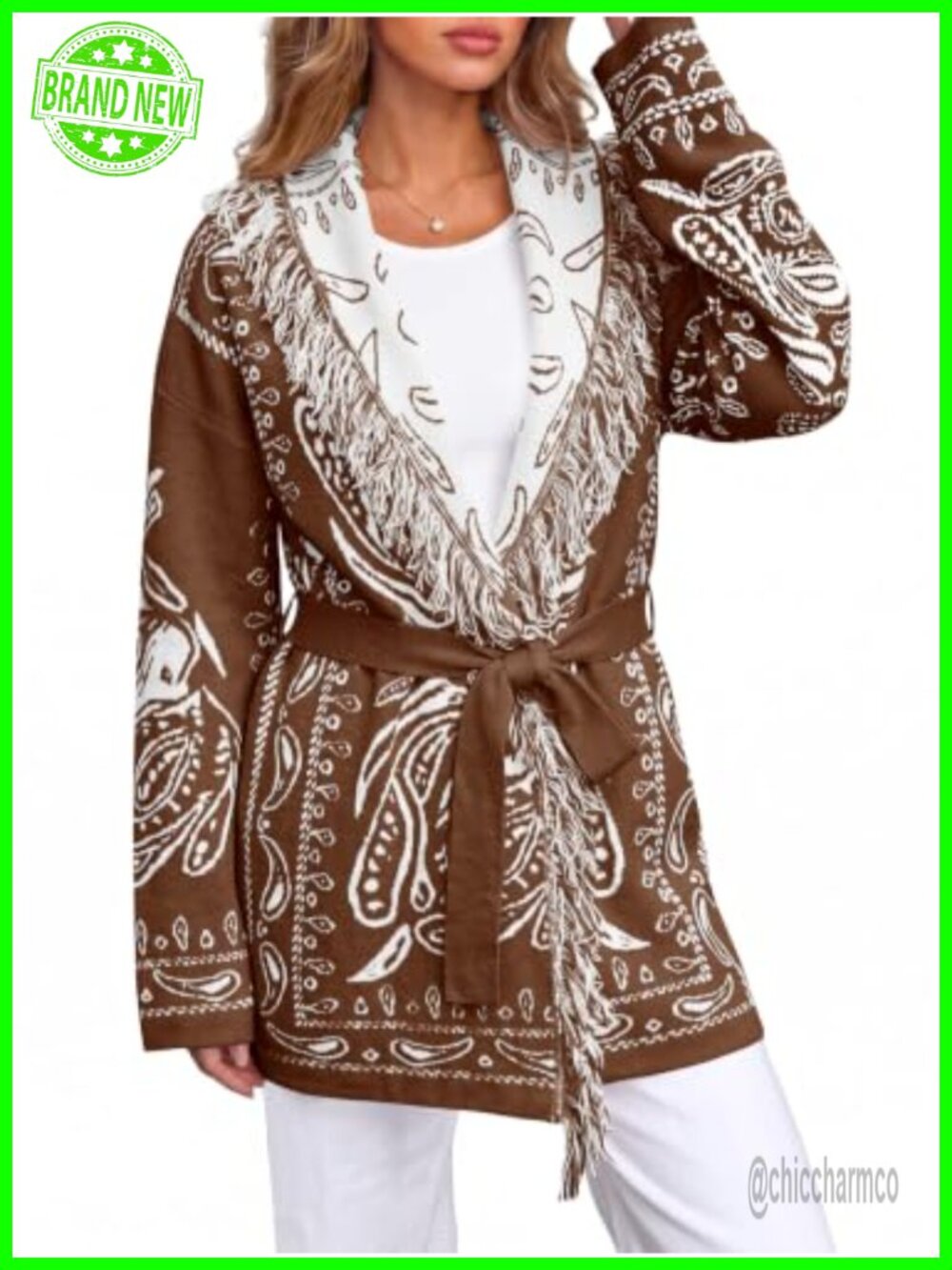 Paisley Fringe Tassel Shawl Collar Belted Cardigan Sweater